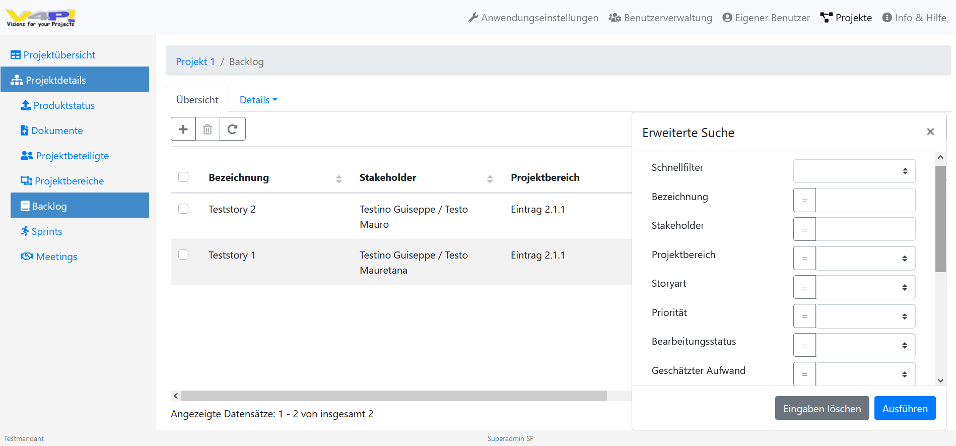 Projektverwaltungssoftware, Software zur Projektverwaltung, Ticketsystem - Backlogübersicht mit erweiterter Suche